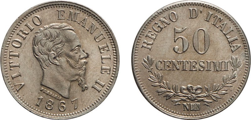 REGNO D'ITALIA. VITTORIO EMANUELE II. 50 CENTESIMI VALORE 1867 - Napoli. Argento...