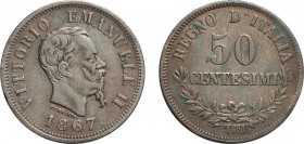 REGNO D'ITALIA. VITTORIO EMANUELE II. 50 CENTESIMI VALORE 1867 - Torino. Argento, 2,38 gr, 18 mm, MB+. Molto Rara.
D: VITTORIO EMANUELE II Testa del ...