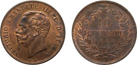 REGNO D'ITALIA. VITTORIO EMANUELE II. 10 CENTESIMI VALORE 1866 - Strasburgo. Rame, 9,74 gr, 30 mm, FDC. Ex Varesi 55
D: VITTORIO EMANUELE II RE D'ITA...