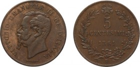 REGNO D'ITALIA. VITTORIO EMANUELE II. 5 CENTESIMI VALORE 1861 - Bologna. Rame, 5,32 gr, 25 mm, MB. Molto Rara.
D: VITTORIO EMANUELE II RE D'ITALIA Te...
