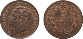 REGNO D'ITALIA. VITTORIO EMANUELE II. 2 CENTESIMI VALORE 1862 - Napoli. Rame, 2,10 gr, 20 mm, FDC. Ex Varesi 55
D: VITTORIO EMANUELE II RE D'ITALIA T...