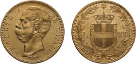 REGNO D'ITALIA. UMBERTO I. 100 LIRE 1882 - Roma. Oro, 32,26 gr, 35 mm, SPL/FDC. Molto Rara.
D: UMBERTO I RE D'ITALIA Testa del Re a sinistra. Alla ba...