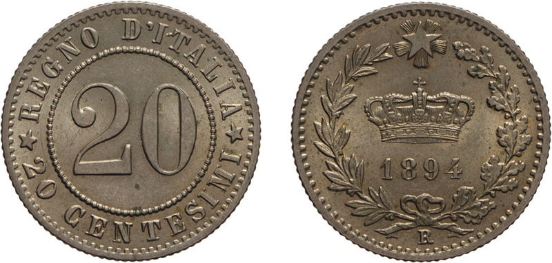 REGNO D'ITALIA. UMBERTO I. 20 CENTESIMI 1894 - Roma. Cupronichel, 4,10 gr, 21mm,...