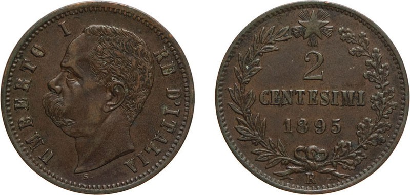 REGNO D'ITALIA. UMBERTO I. 2 CENTESIMI 1895 - Roma. Rame, 2 gr, 20 mm, qSPL. Rar...