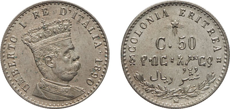 REGNO D'ITALIA. ERITREA. UMBERTO I. 50 CENTESIMI 1890 - Milano. Argento, 2,50 gr...