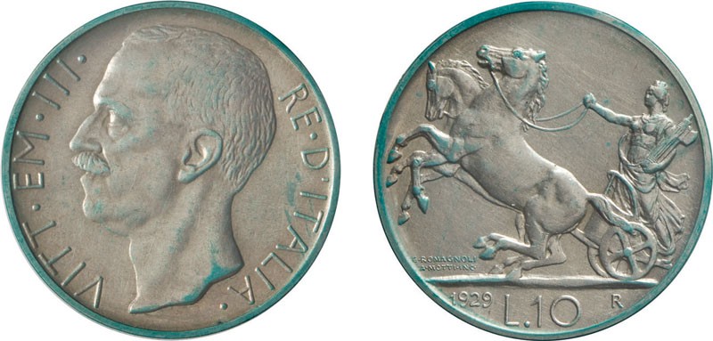 REGNO D'ITALIA. VITTORIO EMANUELE III. 10 LIRE BIGA 1929 UNA ROSETTA - Roma. Arg...