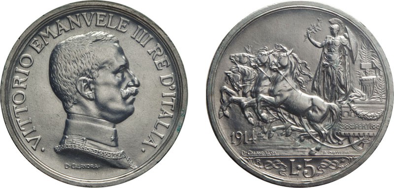 REGNO D'ITALIA. VITTORIO EMANUELE III. 5 LIRE QUADRIGA BRIOSA 1914 - Roma. Argen...