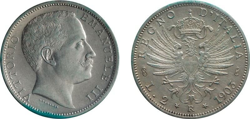 REGNO D'ITALIA. VITTORIO EMANUELE III. 2 LIRE AQUILA SABAUDA 1903 - Roma. Argent...
