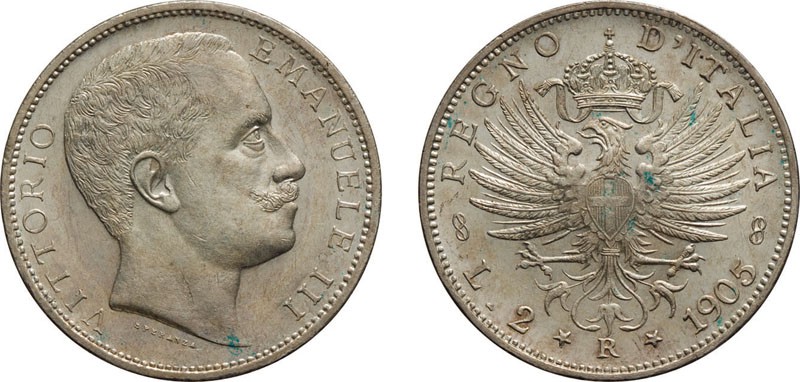 REGNO D'ITALIA. VITTORIO EMANUELE III. 2 LIRE AQUILA SABAUDA 1905 - Roma. Argent...