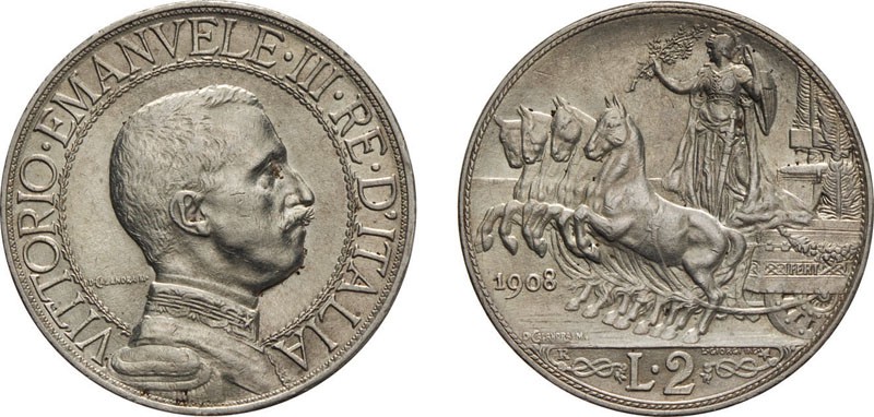 REGNO D'ITALIA. VITTORIO EMANUELE III. 2 LIRE QUADRIGA VELOCE 1908 - Roma. Argen...