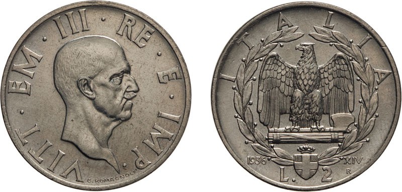 REGNO D'ITALIA. VITTORIO EMANUELE III. 2 LIRE IMPERO 1936 - Roma. Nichelio, 9,92...