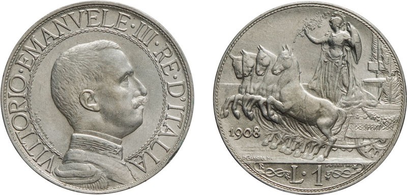REGNO D'ITALIA. VITTORIO EMANUELE III. 1 LIRA QUADRIGA VELOCE 1908 - Roma. Argen...