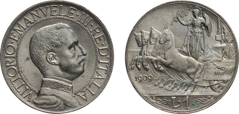 REGNO D'ITALIA. VITTORIO EMANUELE III. 1 LIRA QUADRIGA VELOCE 1909 - Roma. Argen...