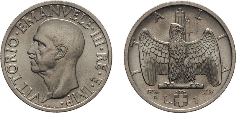 REGNO D'ITALIA. VITTORIO EMANUELE III. 1 LIRA IMPERO 1936 - Roma. Nichelio, 8 gr...
