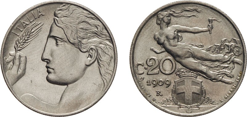 REGNO D'ITALIA. VITTORIO EMANUELE III. 20 CENTESIMI LIBERTA` 1909 - Roma. Nichel...
