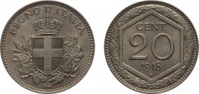 REGNO D'ITALIA. VITTORIO EMANUELE III. 20 CENTESIMI ESAGONO 1918 BORDO RIGATO - Roma. Cupronichel, 3,83 gr, 21 mm. FDC. Rara.
D: REGNO D'ITALIA Scudo...