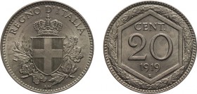 REGNO D'ITALIA. VITTORIO EMANUELE III. 20 CENTESIMI ESAGONO 1919 BORDO RIGATO - Roma. Cupronichel, 3,95 gr, 21 mm. FDC. Rara
D: REGNO D'ITALIA Scudo ...