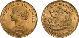 ZECCHE ESTERE. CILE. 100 PESOS 1947 - Oro, 20,35 gr, 31 mm, BB/SPL
D: Testa a sinistra. Sotto data.
R: Stemma del Cile. Sotto indicazione del valore...