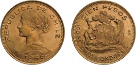 ZECCHE ESTERE. CILE. 100 PESOS 1948 - Oro, 20,35 gr, 31 mm, BB/SPL
D: Testa a sinistra. Sotto data.
R: Stemma del Cile. Sotto indicazione del valore...