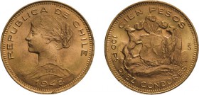 ZECCHE ESTERE. CILE. 100 PESOS 1948 - Oro, 20,35 gr, 31 mm, BB/SPL
D: Testa a sinistra. Sotto data.
R: Stemma del Cile. Sotto indicazione del valore...