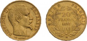 ZECCHE ESTERE. FRANCIA. NAPOLEONE III. 20 FRANCHI 1857 - Parigi. Oro, 6,44 gr, 21 mm, MB/qBB
D: Testa nuda a destra
R: Indicazione del valore tra du...