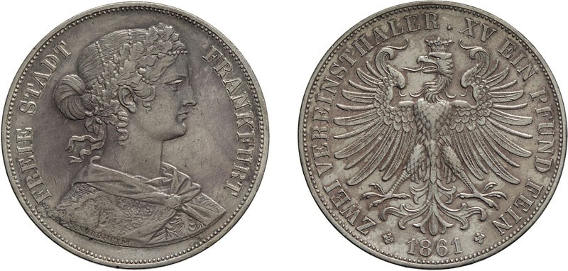 ZECCHE ESTERE. GERMANIA. FRANCOFORTE. 2 TALLERI 1861 - Argento, 36,96 gr, 41 mm....