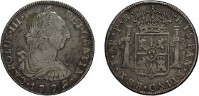 ZECCHE ESTERE. BOLIVIA. CARLO III. 8 REALI 1779 - Potosì. Argento, 26,91 gr, 40 mm. BB
D: CAROLUS . III . DEI GRATIA Busto laureato a destra. Sotto 1...