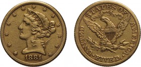 ZECCHE ESTERE. STATI UNITI D'AMERICA. 5 DOLLARI 1881 - Oro, 8,34 gr, 21 mm. MB
D: Testa di Liberty volta a sinistra entro giro di 13 stelle.
R: Aqui...