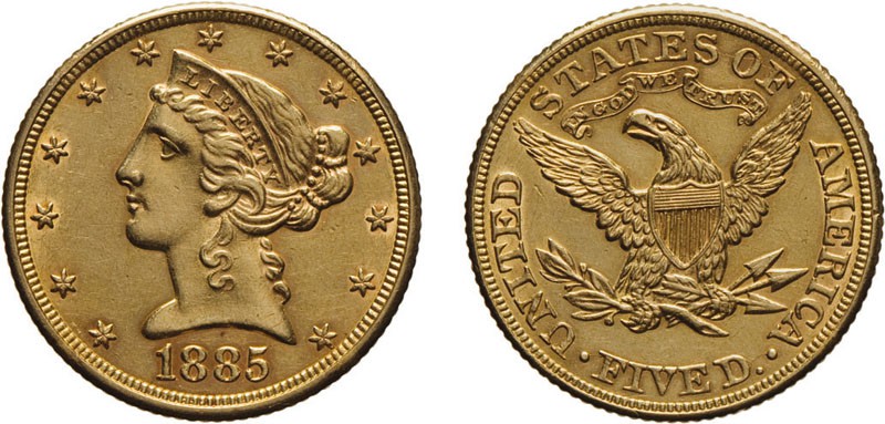 ZECCHE ESTERE. STATI UNITI D'AMERICA. 5 DOLLARI 1885 - Oro, 8,36 gr, 21 mm,
D: ...