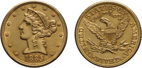 ZECCHE ESTERE. STATI UNITI D'AMERICA. 5 DOLLARI 1885 - Oro, 8,36 gr, 21 mm,
D: Testa di Liberty volta a sinistra entro giro di 13 stelle.
R: Aquila ...
