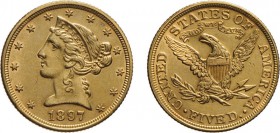 ZECCHE ESTERE. STATI UNITI D'AMERICA. 5 DOLLARI 1897 - Oro, 8,34 gr, 21 mm,
D: Testa di Liberty volta a sinistra entro giro di 13 stelle.
R: Aquila ...