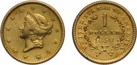 ZECCHE ESTERE. STATI UNITI D'AMERICA. 1 DOLLARO 1850 - Oro, 1,66 gr, 12 mm, MB+
D: Testa di Liberty volta a sinistra entro giro di 13 stelle.
R: Dat...