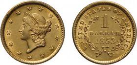 ZECCHE ESTERE. STATI UNITI D'AMERICA. 1 DOLLARO 1853 - Oro, 1,66 gr, 13 mm. qSPL
D: Testa di Liberty volta a sinistra entro giro di 13 stelle.
R: Da...