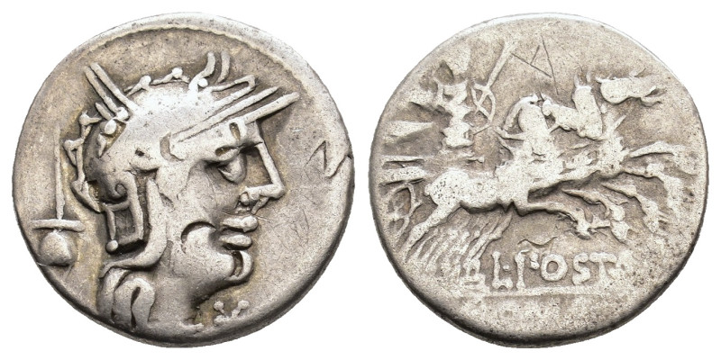 L. Postumius Albinus. Denarius, 131 BC. Rome Mint. Obv. Helmeted head of Roma ri...