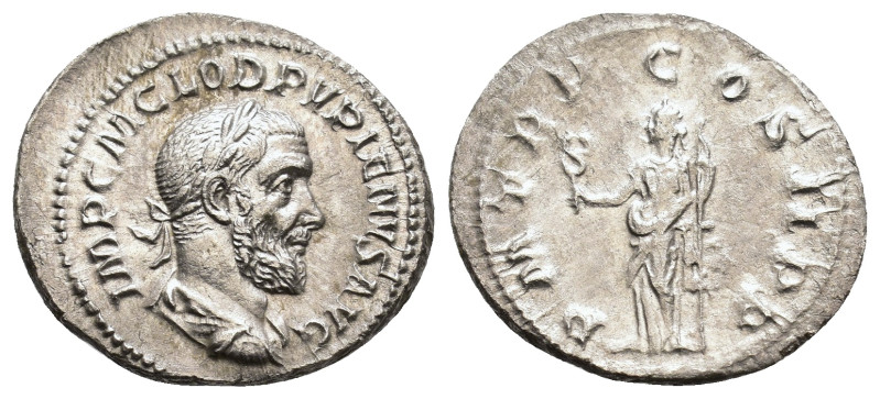 Pupienus. Denarius, AD 238. Rome. IMP C M CLOD PVPIENVS AVG, laureate, draped an...