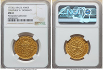 Jose I gold 4000 Reis 1753-(L) MS61 NGC, Lisbon mint, KM171.1, LMB-295, Guimaraes-1753-1.1. First Type, IOSEPHUS/DOMINVS. Evenly struck, displaying de...