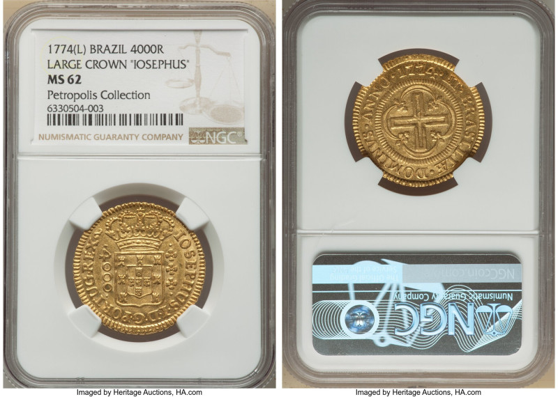 Jose I gold "Inverted Reverse" 4000 Reis 1774-(L) MS62 NGC, Lisbon mint, KM171.1...