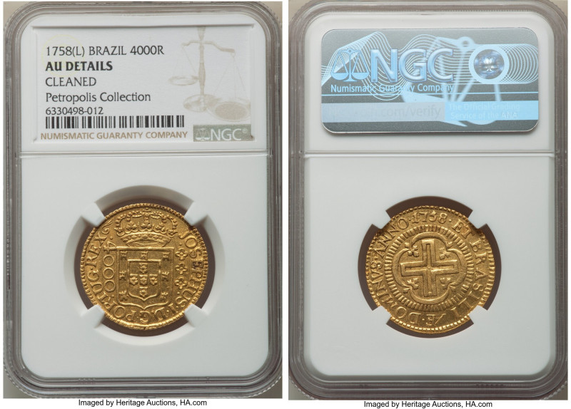 Jose I gold 4000 Reis 1758-(L) AU Details (Cleaned) NGC, Lisbon mint, KM171.2, L...