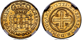 Jose I gold "Inverted Reverse" 2000 Reis 1771-(L) AU Details (Cleaned) NGC, Lisbon mint, KM182.2, LMB-329a, Guimaraes-1771-1.1. Fourth Type, JOSEPHUS/...