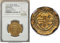 Jose I gold 4000 Reis 1771-(L) AU Details (Bent, Cleaned) NGC, Lisbon mint, KM171.4, LMB-332, Guimaraes-1771-1.1. Fourth Type, JOSEPHUS/DOMINUS. Well-...