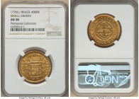 Jose I gold "Inverted Reverse" 4000 Reis 1776-(L) AU58 NGC, Lisbon mint, KM171.4, LMB-336, Guimaraes-1776-1.1. Fourth Type, JOSEPHUS/DOMINUS. A piece ...