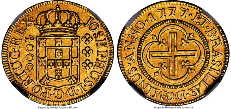 Jose I gold "Inverted Reverse" 4000 Reis 1777-(L) AU Details (Cleaned) NGC, Lisb...