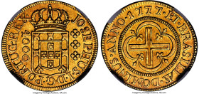 Jose I gold "Inverted Reverse" 4000 Reis 1777-(L) AU Details (Cleaned) NGC, Lisbon mint, KM171.4, LMB-337, Guimaraes-1777-1.1. Fourth Type, JOSEPHUS/D...