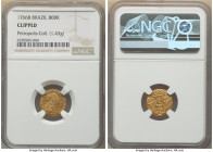 Jose I gold 800 Reis 1766-B Clipped NGC, Bahia mint, KM180.1, LMB-347, Guimaraes-1766-1.1. 1.43gm. A moderately circulated piece showing ample remaini...