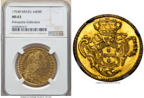 Jose I gold 6400 Reis (Peça) 1754-B MS63 NGC, Bahia mint, KM172.1, LMB-384, Guimaraes-1754-1.1. Variety with no dot after the mintmark. A remarkable p...