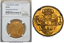 Jose I gold 6400 Reis (Peça) 1756-B AU55 NGC, Bahia mint, KM172.1, LMB-386, Guimaraes-1756-1.1. Well struck, bearing a detailed shield and shades of l...
