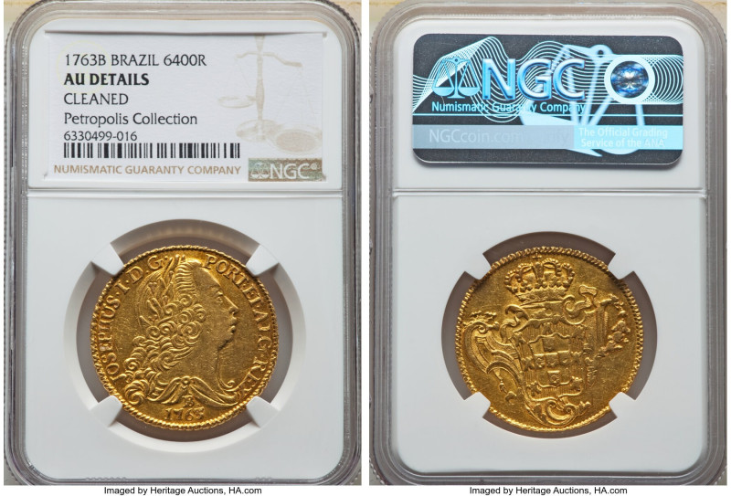 Jose I gold 6400 Reis (Peça) 1763-B AU Details (Cleaned) NGC, Bahia mint, KM172....