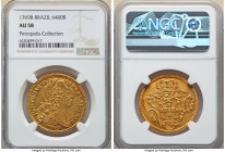 Jose I gold 6400 Reis (Peça) 1769-B AU58 NGC, Bahia mint, KM172.1, LMB-399, Guimaraes-1769-1.1. Soundly struck with the usual rusted dies, presenting ...