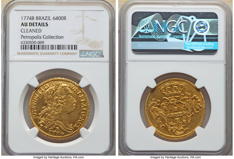 Jose I gold 6400 Reis (Peça) 1774-B AU Details (Cleaned) NGC, Bahia mint, KM172....