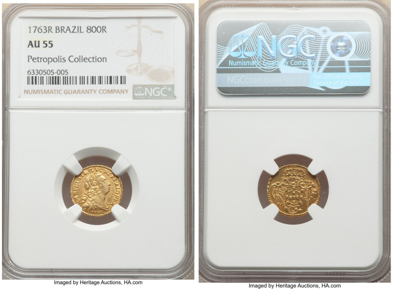 Jose I gold 800 Reis 1763-R AU55 NGC, Rio de Janeiro mint, KM180.2, LMB-409, Gui...